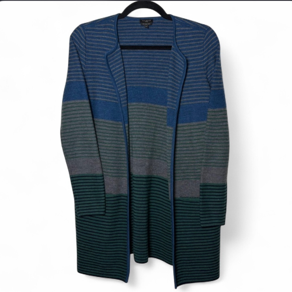 Talbots Petite XS Merino Wool Duster Cardigan Blue Green Striped